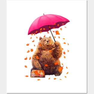 Bear with umbrella on white Posters and Art